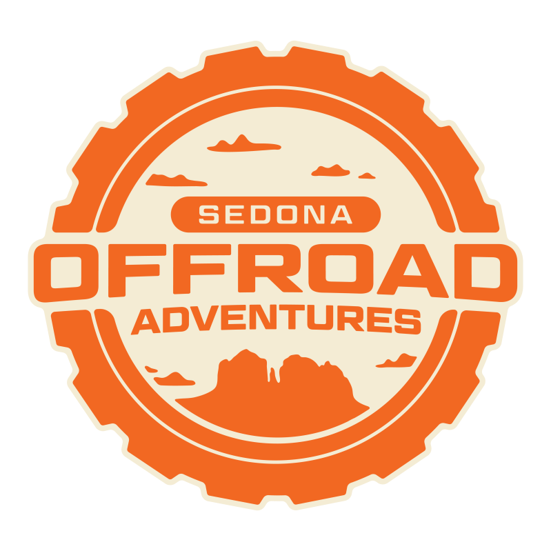 Orange logo with text: Sedona Offroad Adventures, mountain and clouds in background.