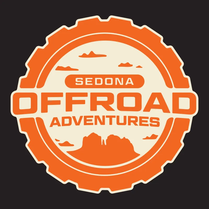 Logo with orange gear and mountains, text: 'Sedona Offroad Adventures.'